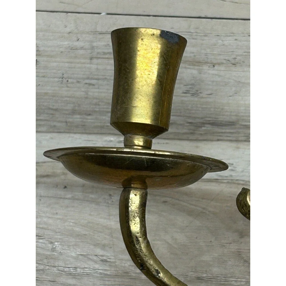 Vtg Solid Brass Double Arm Wall Sconse Candle Holder Dutch Colonial Style